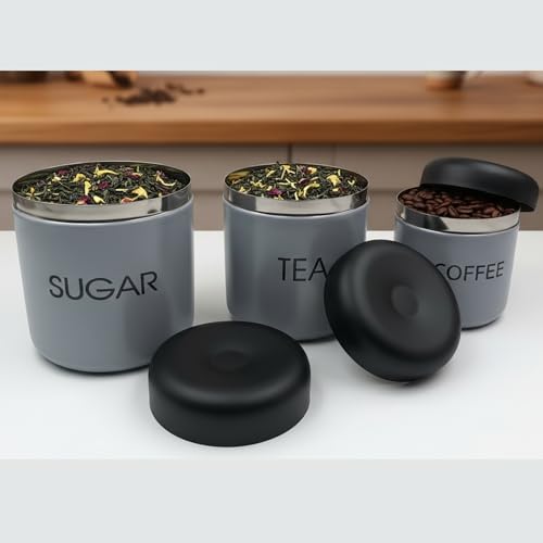 Premium Tea Sugar Coffee Canister Set of 3, Modern Grey Colour with Black Lids, Stainless Steel Matte Storage Jars, Ideal for Gifting, Dishwasher Safe